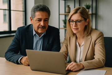 Fototapeta premium Professional Business Team Collaborating on Laptop in Modern Office, Business Strategy, Technology, and Teamwork Concept