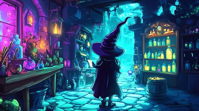 A young witch in a vibrant potion shop, exploring colorful bottles and magical artifacts