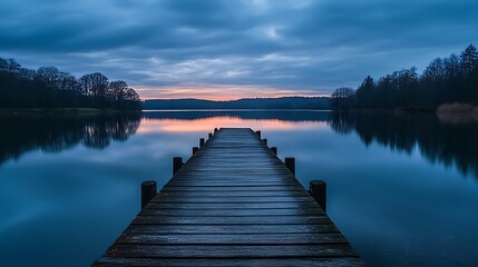 Fototapeta premium Wooden Pier Leading to Calm Lake Water at Dusk Scenery
