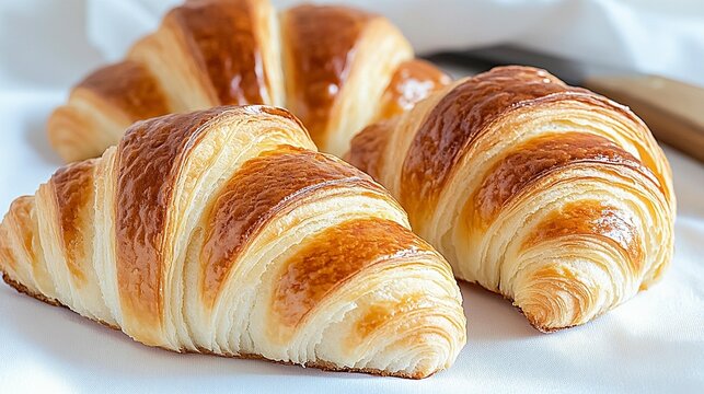 Three golden brown croissants freshly baked delicious pastry food photography