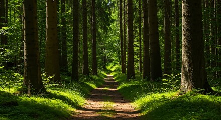 Obraz premium Sunlight filters through tall trees, illuminating a winding dirt path that disappears into the lush green undergrowth of a peaceful forest.....Keywords: forest, path, trail, woods, trees, sunlight,