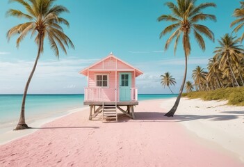 Fototapeta premium A charming pink beach hut nestled among swaying palm trees, overlooking a serene shoreline with soft waves gently lapping at the sandy beach.