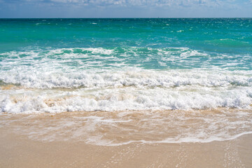 Sea beach sand. Scenic sea beach backdrop. Paradise ocean view. Foamy sea beach background. Exotic ocean. Open sea beach horizon. Relaxing waves. Summer background.