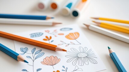 Naklejka premium Colorful Drawing Tools and Sketches on a Work Surface