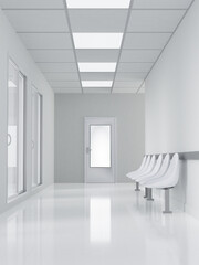 Minimal hospital corridor with empty seating area, 3D render illustration