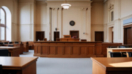 blur courthouse, modern courtroom with wooden table, with proper lighting, interior inside blur, wallpaper, fast.