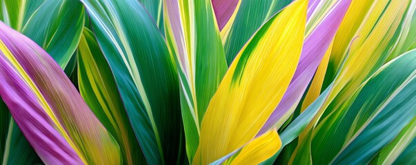 Vibrant Green and Yellow Leaves with Purple Stripes in Nature Scene
