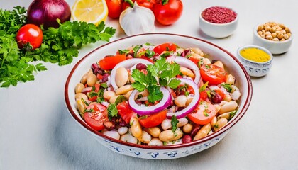 Piyaz - Turkish bean salad - Vibrant and flavorful ingredients in a bowl of Piyaz, onions, tomatoes, parsley and seasonings