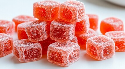 Translucent red cubes candy sweet food dessert close up