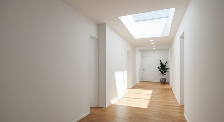 Fototapeta premium Bright hallway with natural light and clean design. Minimalist interior with white walls, modern flooring, and elegant decor. Perfect for real estate, architecture, and interior design projects.