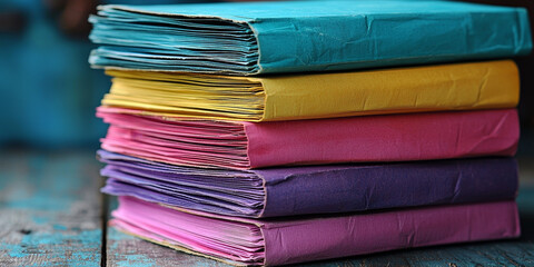  Colorful Stacked Notebooks on Rustic Wooden Background