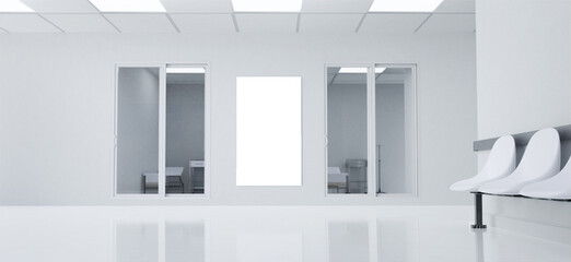 Contemporary medical waiting area with blank wall space, 3D render illustration