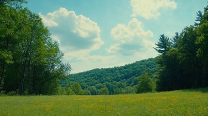 Obraz premium Lush meadow flanked by trees under a partly cloudy sky.