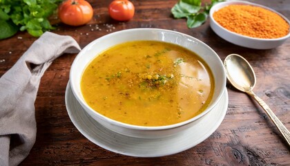 Turkish Mercimek Corbasi - Red lentil soup at a wooden table background