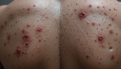 Fototapeta premium Multiple inflamed skin lesions on the upper back.