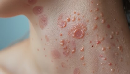 Fototapeta premium Close-up view of skin lesions on the neck.