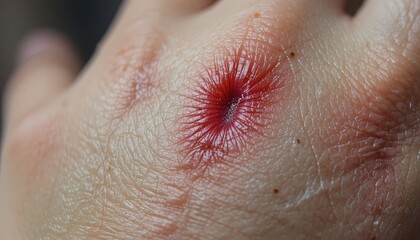 Fototapeta premium Close-up of a red, raw wound on a hand.