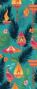 Vibrant tropical print featuring lush green palm leaves intertwined with colorful flamingos, evoking a lively, exotic atmosphere perfect for summer.