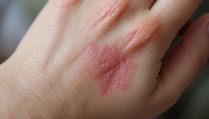 Close-up view of a reddish-pink skin lesion on the hand.