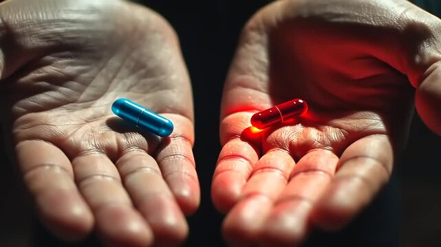 A close-up of two hands holding a blue and a red capsule, symbolizing choices and consequences