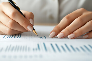 Analyzing Data: Close-up of hands reviewing a chart with a pen, symbolizing financial analysis and business decisions. Data-driven insights in action.