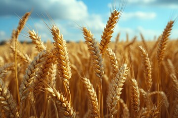Fototapeta premium Close up view of golden wheat stalks in a field