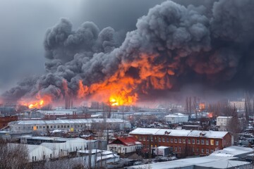 Massive industrial fire engulfs snowy urban landscape.