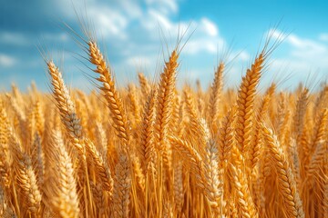 Fototapeta premium Close up image of golden wheat stalks under a blue sky