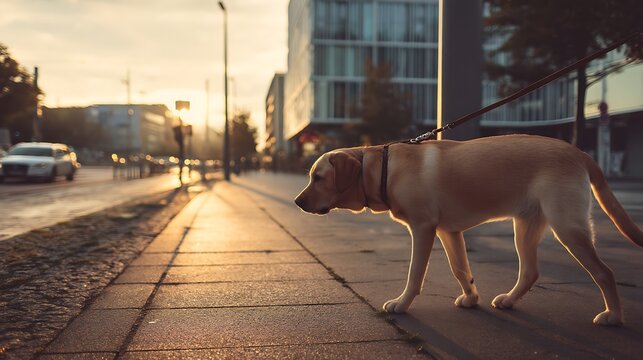 Golden Labrador Walking on City Street at Sunset with Reflections and Urban Atmosphere