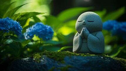 紫陽花に囲まれた笑顔の小さな地蔵