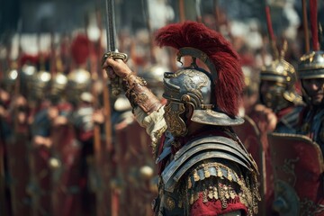 Roman legionary in battle formation, sword raised in triumph.