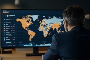 Analyst reviews global data, displaying world map with country-specific metrics. Informed decision-making relies on this complex data visualization.