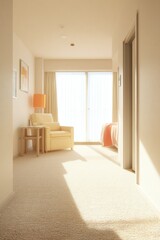 Sunlit Hotel Room: Calm Beige Interior with Yellow Chair