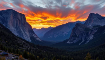 Gardinen Breathtaking sunset over yosemite valley nature photography scenic landscape evening glow panoramic view © Angelo
