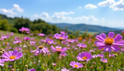 Obraz premium Vibrant wildflower bloom in scenic valley nature photography sunny environment wide-angle view