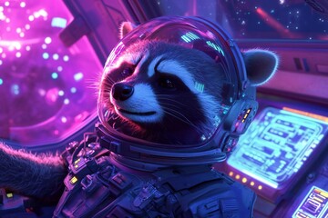 A 3D astronaut raccoon in a glass helmet, floating inside a spaceship with holographic control panels and neon constellations,  created by ai