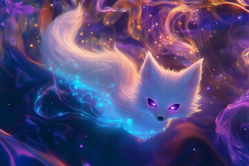 A 3D cartoon fox with a fluffy neon tail, glowing eyes, and floating in a dreamy, misty galaxy with abstract swirls, created by ai