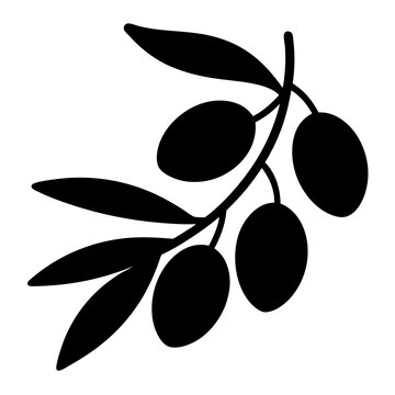 recommend clip art: Stylized olive branch with ripe olives and leaves in stark black and white