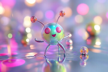 A giggling 3D jellybean-shaped alien with wobbly antennas, standing on a liquid glass surface with abstract reflections, surrounded by floating light orbs, created by ai