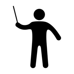 Simple black and white stick figure presenting with a pointer stick illustration