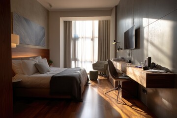 Fototapeta premium Modern Hotel Suite: Sunlit Bedroom with Minimalist Design