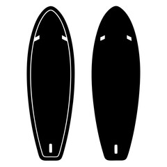 Two sleek black surfboard silhouettes presented against a plain white backdrop