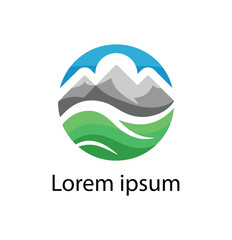 Mountain and River Logo Design with Green and Blue Elements.
