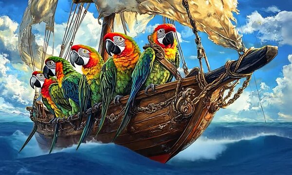 Colorful parrots aboard a pirate ship sailing through a vibrant ocean under a sunny sky