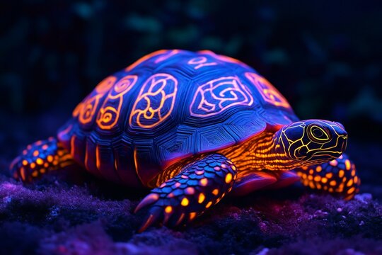 A glowing neon turtle with glowing patterns on its shell crawling along a glowing beach,  created by ai