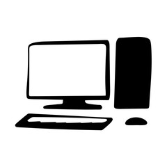 Simple black and white image of a desktop computer setup isolated