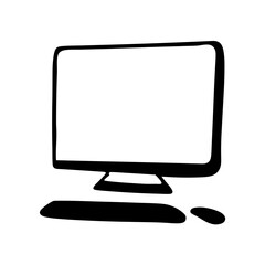 Simple black and white cartoon illustration of a vintage computer setup