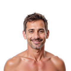 Fototapeta premium Smiling Young Adult Male with Short Dark Hair and Athletic Build Posing Against a Black Background, Exuding Confidence and Approachability