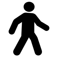 Simple black pictogram representing a pedestrian figure walking with a distinctive style