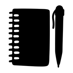 Monochrome Illustration of a Spiral Notebook and Pen Depicting Stationary Supplies